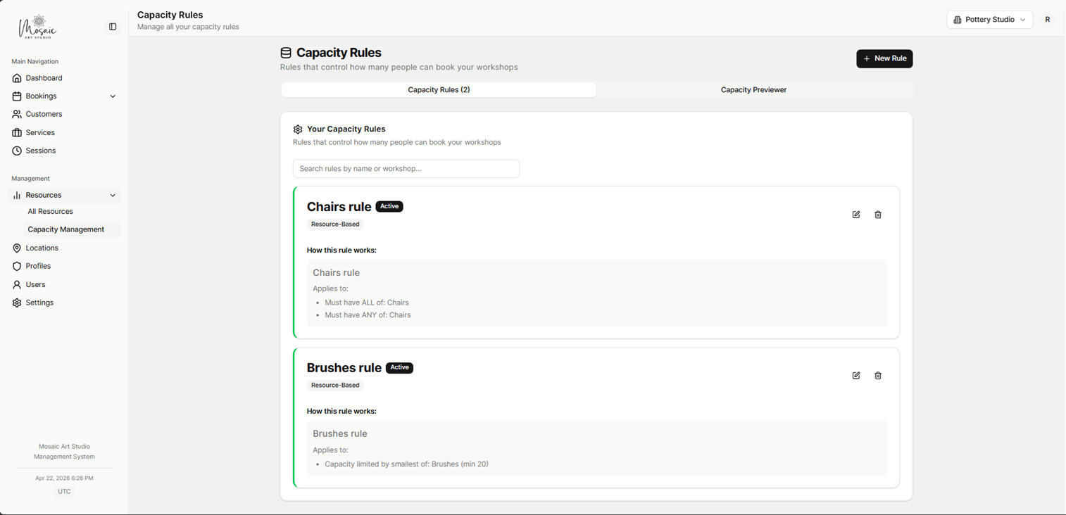 Capacity rules management page